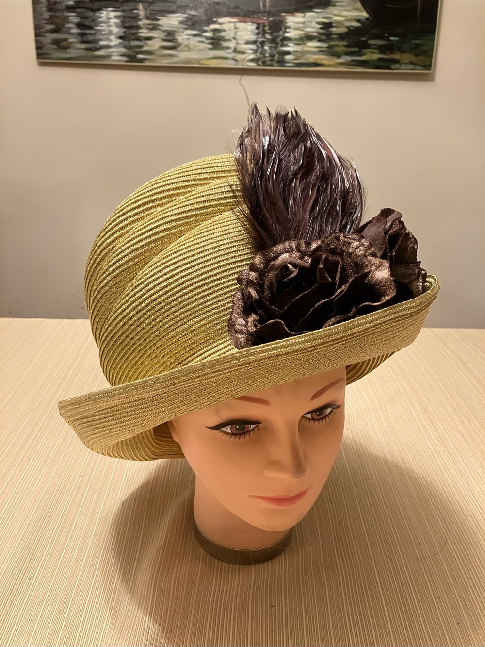 Chic Metallic Gold Cloche Hat with Brown Velvet Floral and Feather Accent